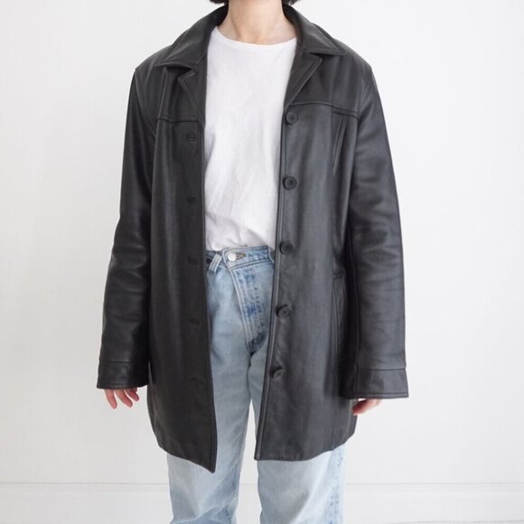 Vintage Danier Black Leather Button Up Midi Jacket L - Picture 1 of 13